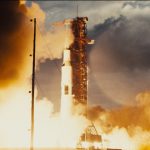 Final Composite of Apollo 11 launch. We augmented archival 70mm NASA footage of the Apollo 14 launch. To create a more cinematic visual we reframed it, cleaned it up and the extended the sides with CG smoke and sky to match. Courtesy Paul Lambert/Universal Pictures.