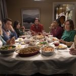 Meredith Hagner, Jon Barinholtz, Carrie Brownstein, Ike Barinholtz, Tiffany Haddish, Nora Dunn, and Chris Ellis in THE OATH. Photo credit: Courtesy of Topic Studios and Roadside Attractions