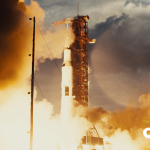 Final Composite of Apollo 11 launch. We augmented archival 70mm NASA footage of the Apollo 14 launch. To create a more cinematic visual we reframed it, cleaned it up and the extended the sides with CG smoke and sky to match. Courtesy Paul Lambert/Universal Pictures.