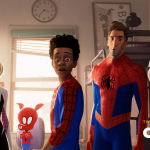 Peni (Kimiko Glen), Spider-Gwen (Hailee Steinfeld), Spider-Ham (John Mulaney), Miles Morales (Shameik Moore), Peter Parker (Jake Johnson), Spider-Man Noir (Nicolas Cage) in Sony Pictures Animation's SPIDER-MAN: INTO THE SPIDER-VERSE.