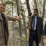 Benoit Blanc (Daniel Craig), Lt. Elliot (Lakeith Stanfield), Trooper Wagner (Noah Segan) in 'Knives Out.' Photo credit: Claire Folger/Lionsgate