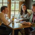 Chris Evans (left), Ana de Armas (center) and director Rian Johnson on the set of Knives Out. Photo credits: Claire Folger. Courtesy Lionsgate