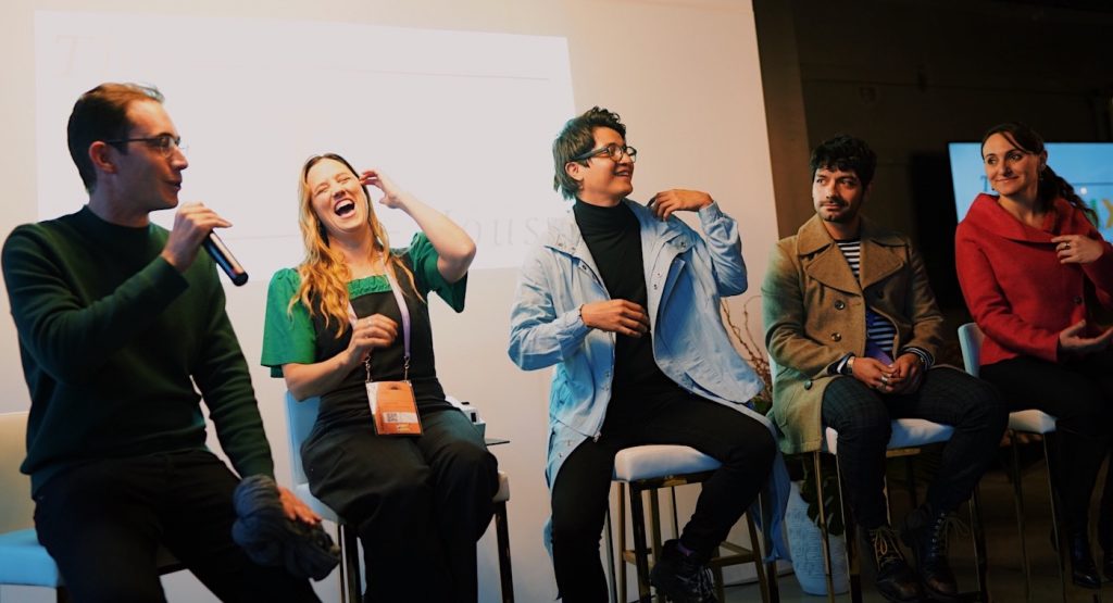 Co-writer Alan Page Arriaga, co-writer and director Heidi Ewing, lead actors Armando Espitia, Christian Vázquez, and Gabriela Maire talk about filming in Mexico on the I Carry You With Me panel at The Latinx House. Photo credit: Revolve Impact / Aly Honore & Claudia Torres. 