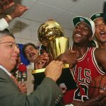 PHOENIX - JUNE 20: NBA Commissioner David Stern presents Michael Jordan and the Chicago Bulls the championship trophy after the Bulls defeated the Phoenix Suns in Game Six of the 1993 NBA Finals on June 20, 1993 at America West Arena in Phoenix, Arizona. (Photo by Andrew D. Bernstein/NBAE via Getty Images)