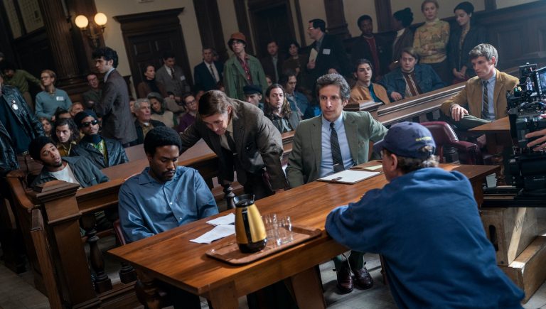 The Trial of the Chicago 7. Kelvin Harrison Jr as Fred Hampton, Yahya Abdul-Mateen II as Bobby Seale, Mark Rylance as William Kunstler, Aaron Sorkin as Writer / Director, Eddie Redmayne as Tom Hayden in The Trial of the Chicago 7. Cr. Niko Tavernise/NETFLIX © 2020