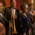 MA RAINEY’S BLACK BOTTOM(2020) Michael Potts as Slow Drag, Colman Domingo as Cutler, Viola Davis as Ma Rainey, Chadwick Boseman as Levee and Glynn Turman as Toledo. Cr. David Lee/NETFLIX