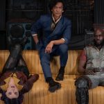 COWBOY BEPOP (L to R) DANIELLA PINEDA as FAYE VALENTINE, JOHN CHO as SPIKE SPIEGEL and MUSTAFA SHAKIR as JET BLACK on the set of COWBOY BEPOP Cr. NICOLA DOVE/NETFLIX © 2021