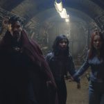 Benedict Cumberbatch as Dr. Stephen Strange, Xochitl Gomez as America Chavez, and Rachel McAdams as Dr. Christine Palmer in Marvel Studios' DOCTOR STRANGE IN THE MULTIVERSE OF MADNESS. Photo courtesy of Marvel Studios. ©Marvel Studios 2022. All Rights Reserved.